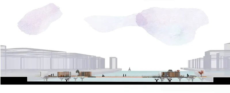 Elevation drawing showing timber pavilions along a waterfront promenade with pedestrians and trees