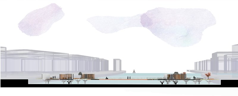 Elevation drawing showing timber pavilions along a waterfront promenade with pedestrians and trees