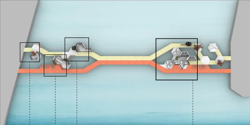 Aerial diagram of the waterfront installation with labeled hexagonal zones along the orange pedestrian spine