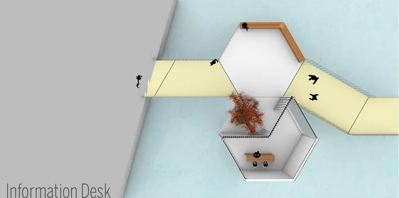 Axonometric detail of the information desk hexagon with planted tree and yellow walkway access