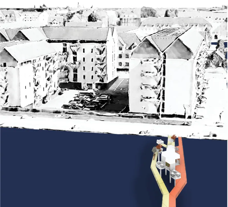Split image combining aerial photograph of dense urban fabric with axonometric drawing of bridge structure below