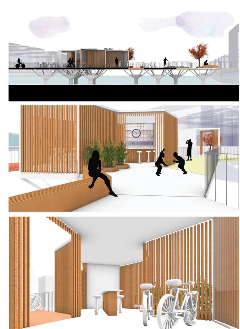Sectional rendering showing elevated walkway with timber pavilion and interior bike parking area with slatted screens