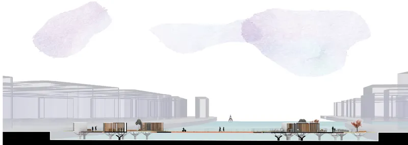 Elevation drawing depicting timber kiosks along a waterfront pathway with pedestrians and surrounding buildings