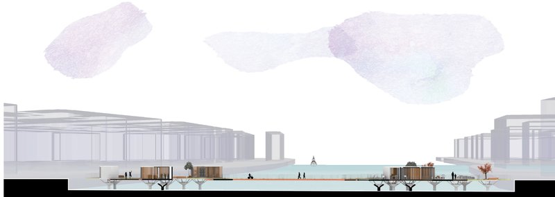 Elevation drawing depicting timber kiosks along a waterfront pathway with pedestrians and surrounding buildings