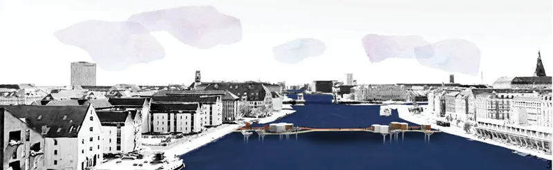 Composite elevation showing bridge interventions spanning a river channel through historic urban waterfront