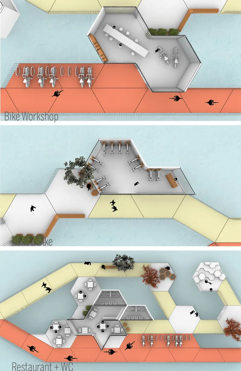 Axonometric diagrams showing three program modules including bike workshop, cafe, and restaurant with hexagonal geometries