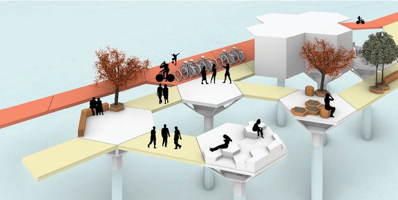 Axonometric view showing hexagonal platform modules connected by yellow pathways and an orange circulation route with cyclists