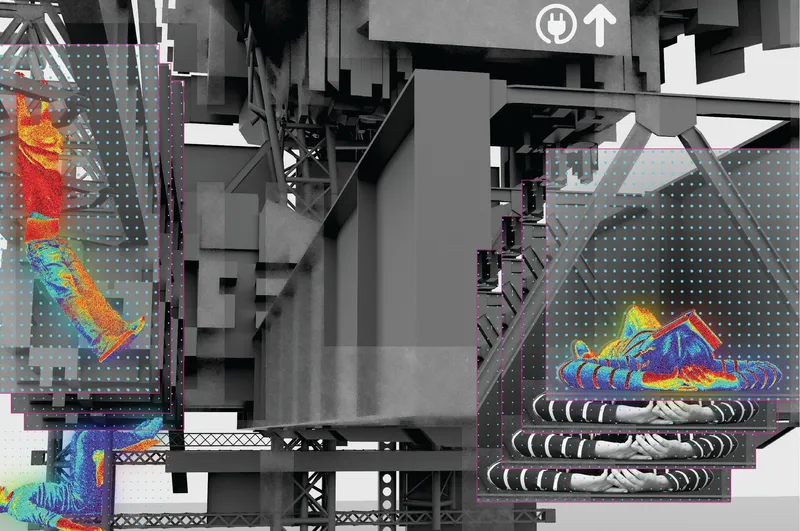 Axonometric drawing layered with colorful thermal data overlays and structural steel framework