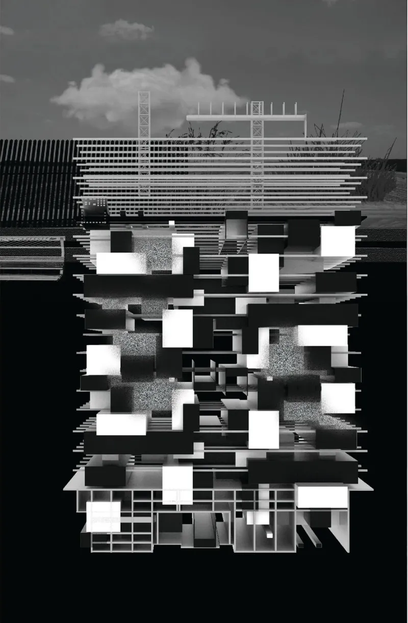Exploded axonometric drawing showing stacked horizontal slabs and a striped tower under cloudy sky