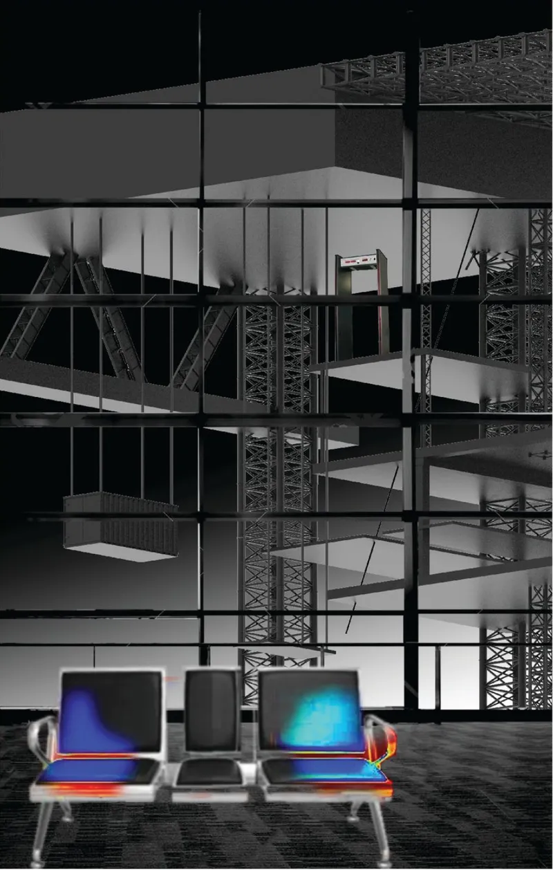 Section drawing showing multilevel platforms with steel trusses and thermal screens on low tables