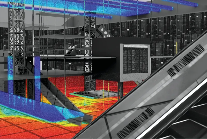 Interior atrium with escalators and colorful thermal floor mapping beneath blue illuminated ceiling panels