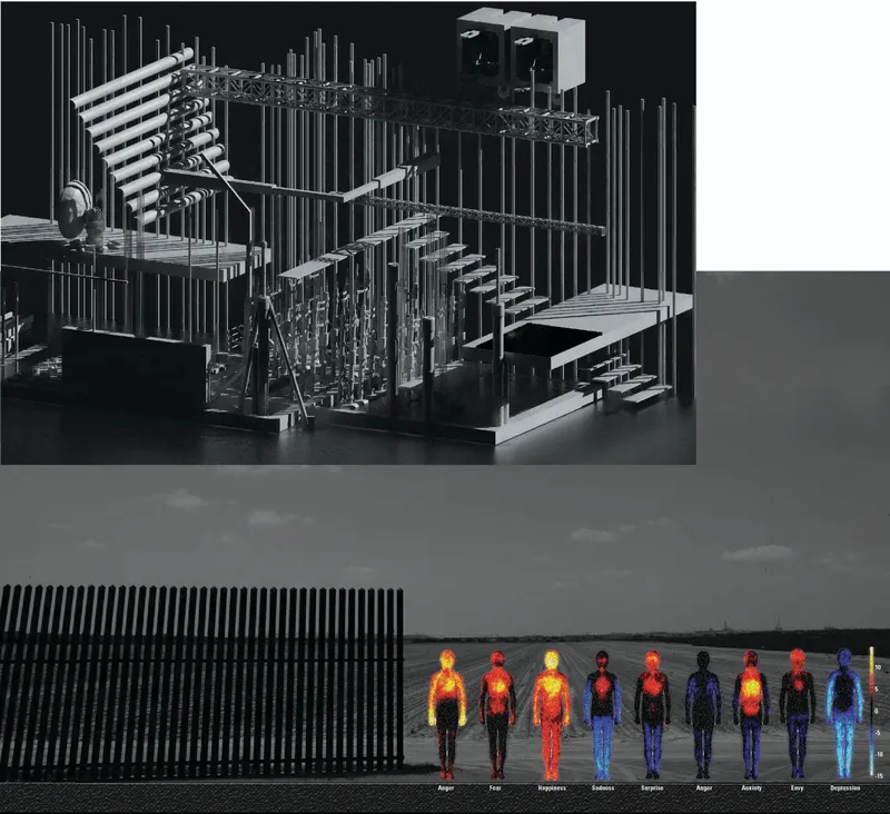 Axonometric model with vertical rods and staircases above thermal figures standing by waterfront at dusk