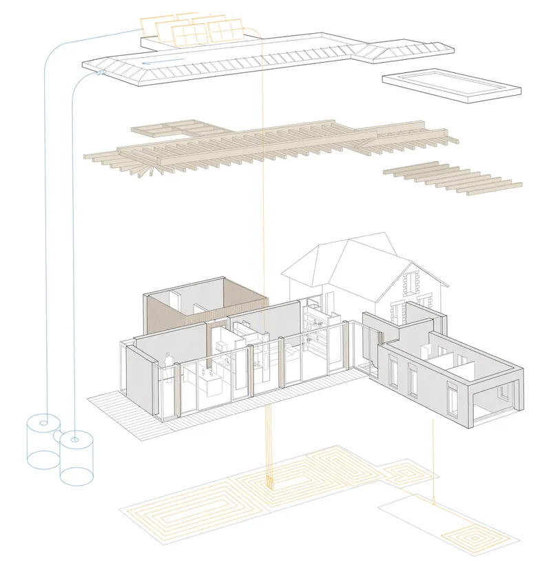 Exploded axonometric drawing showing the roof structure, timber framing, sectioned volumes, and radiant floor systems