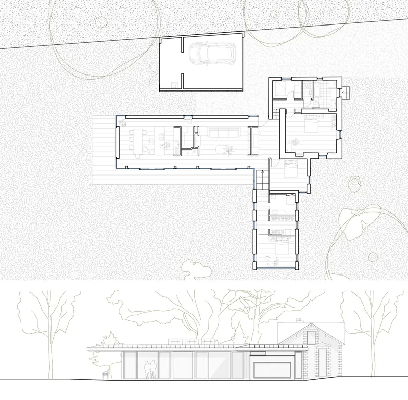 Floor plan and elevation drawings showing the linear addition connected to the gabled house with surrounding trees