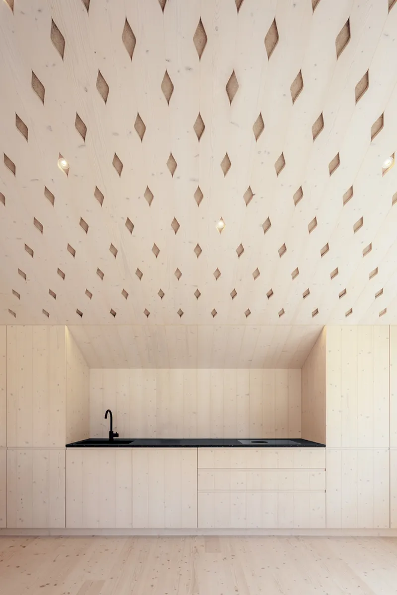 Pale wood kitchenette with black countertop beneath a ceiling pierced by diamond openings