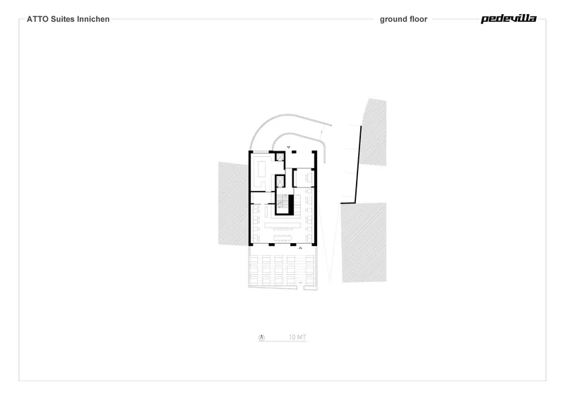 Ground floor plan drawing showing entry spaces and circulation between adjacent structures