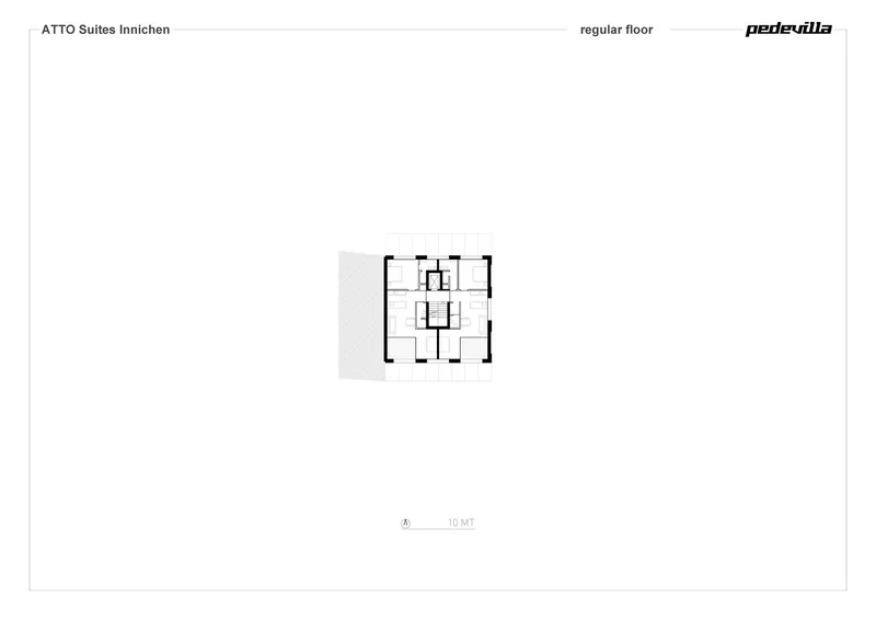 Floor plan drawing showing a compact suite layout with adjacent rooms along a diagonal axis