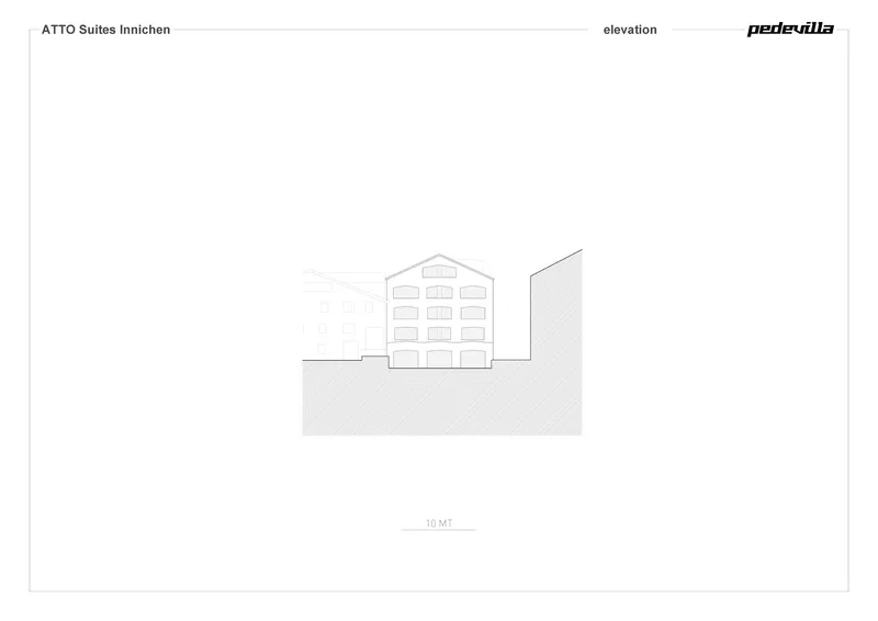Elevation drawing showing a gabled building with regularly spaced windows rising from excavated ground