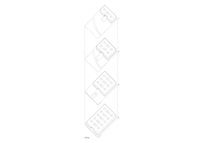 Floor plan drawing depicting four rotated rectangular volumes connected by a central circulation spine