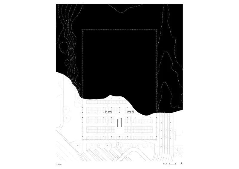 Site plan drawing showing the building footprint with topographic contours and landscape features