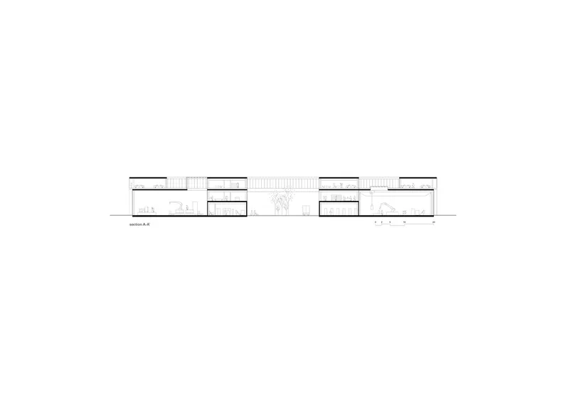 Longitudinal section drawing showing multiple roof volumes with interior spaces and central planted courtyard