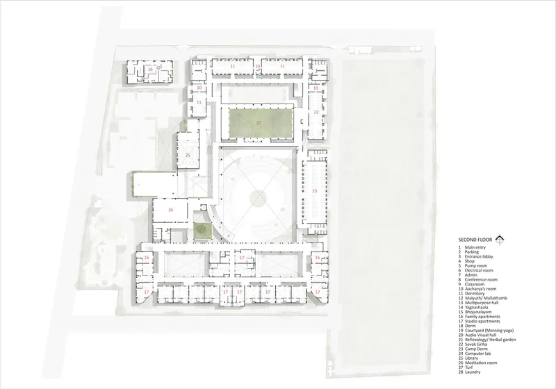 Second floor plan drawing showing rooms arranged around a central courtyard with two garden areas