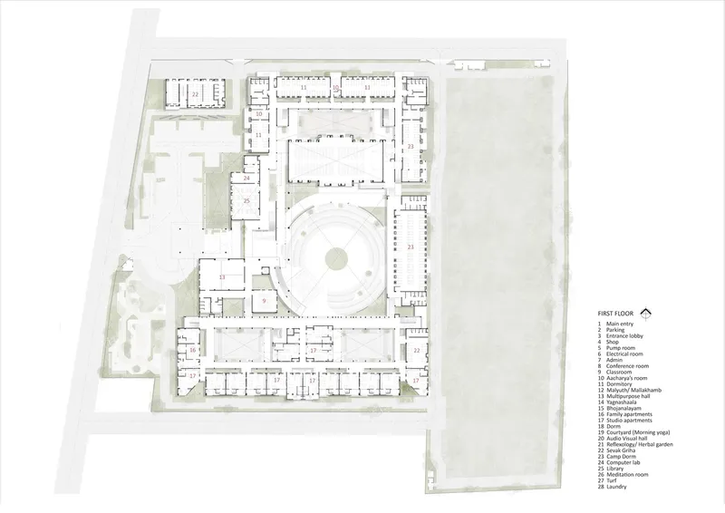First floor plan depicting residential units encircling a circular void above the courtyard below