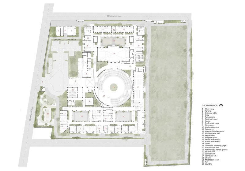 Ground floor plan showing rectangular perimeter blocks arranged around a circular central courtyard with planted areas
