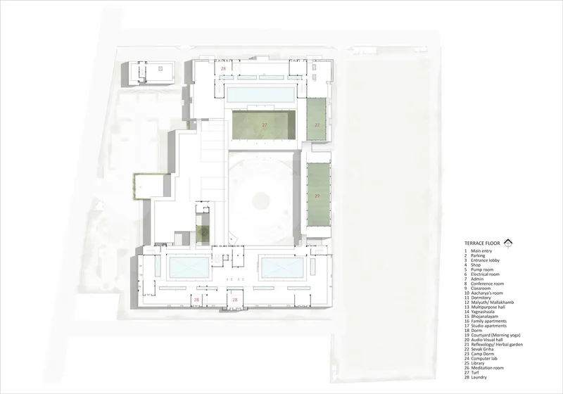 Terrace floor plan drawing showing open terraces flanking the central courtyard and reduced building footprint