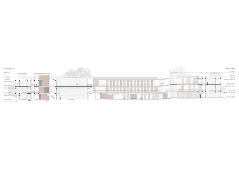 Building section drawing showing multi-story residential blocks flanking a central auditorium volume with trees indicated