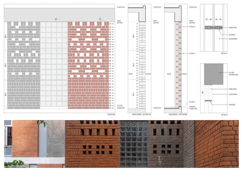 Elevation and detail drawings showing brick bonding patterns in grey and terracotta with sample photographs