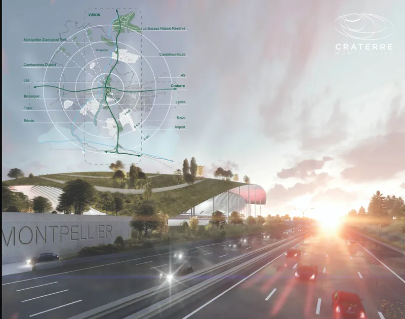 Rendering showing domed structure beside a highway with radial site diagram overlay at sunset