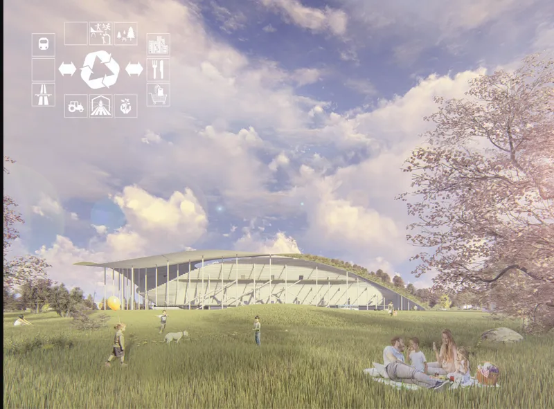Green-roofed pavilion with faceted glass facade overlooking a lawn with families picnicking under blue sky