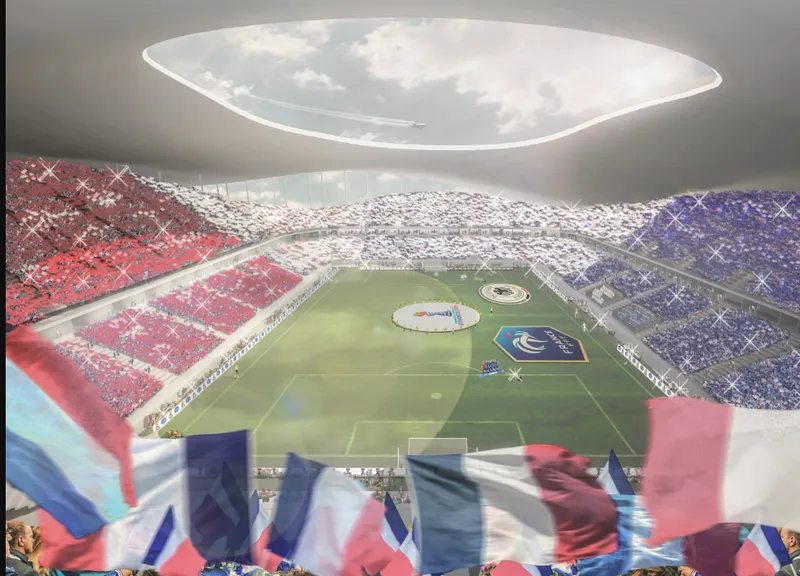 Interior view of football pitch through oval roof opening with cheering crowds waving flags