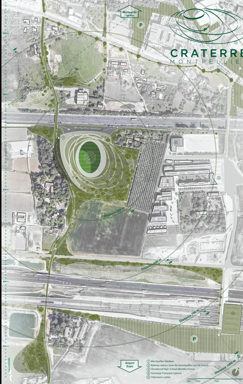 Site plan drawing showing oval stadium ringed by terraced landscape between two highway corridors