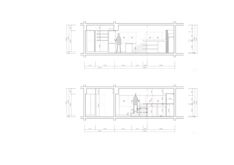 Section drawings showing interior spatial relationships with human figure for scale in kitchen and living areas