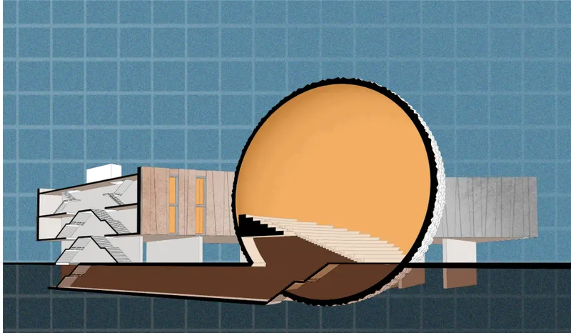 Section drawing showing linear volumes with a central spherical form and interior steps on a gridded blue background