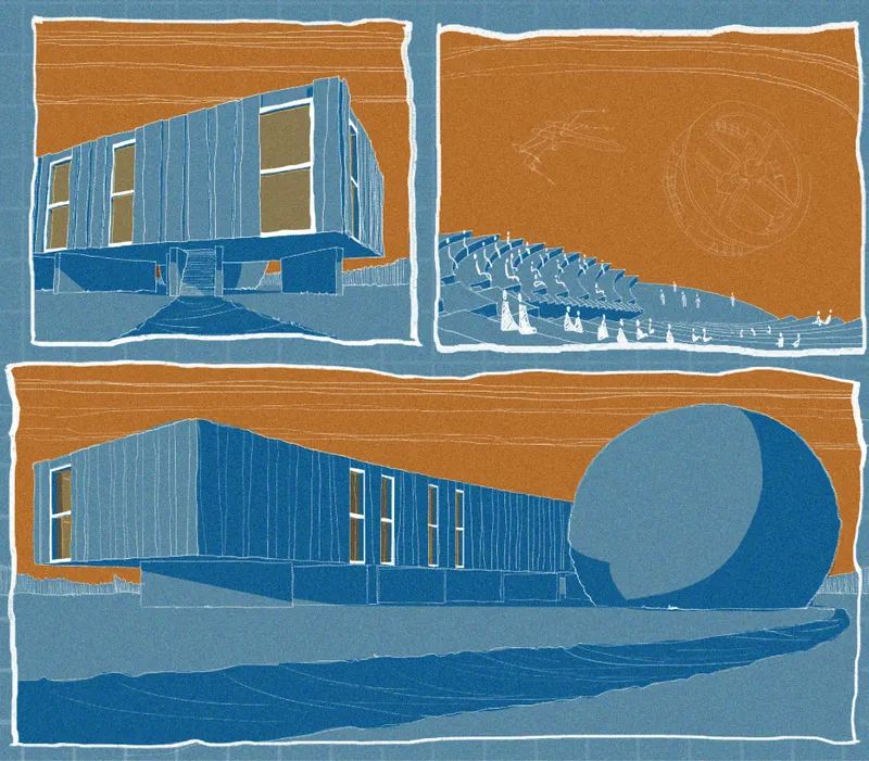 Sketch rendering showing rectangular volumes and a spherical dome against an orange sky with blue landscape