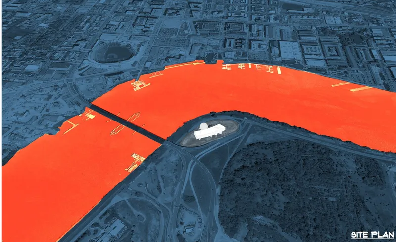 Site plan rendering highlighting curved roofscape in orange against a blue urban grid with surrounding infrastructure