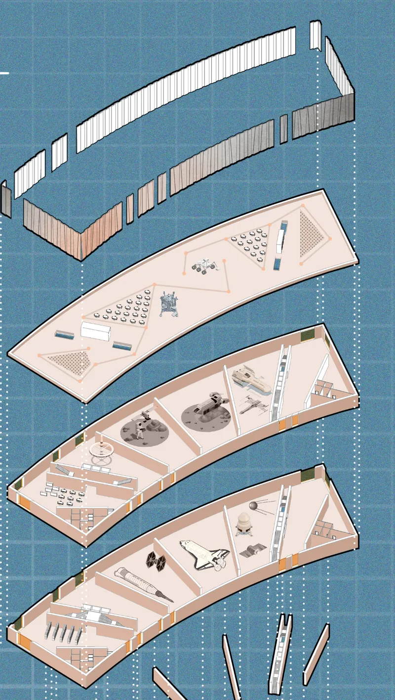 Exploded axonometric drawing showing stacked floor levels with furnishings and spatial layouts within angled volumes