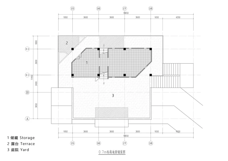 Floor plan drawing showing storage, terrace, and yard zones with structural grid dimensions