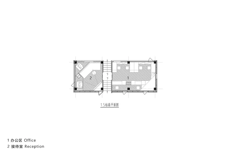 Floor plan drawing indicating office and reception spaces with central stair and angled corner room