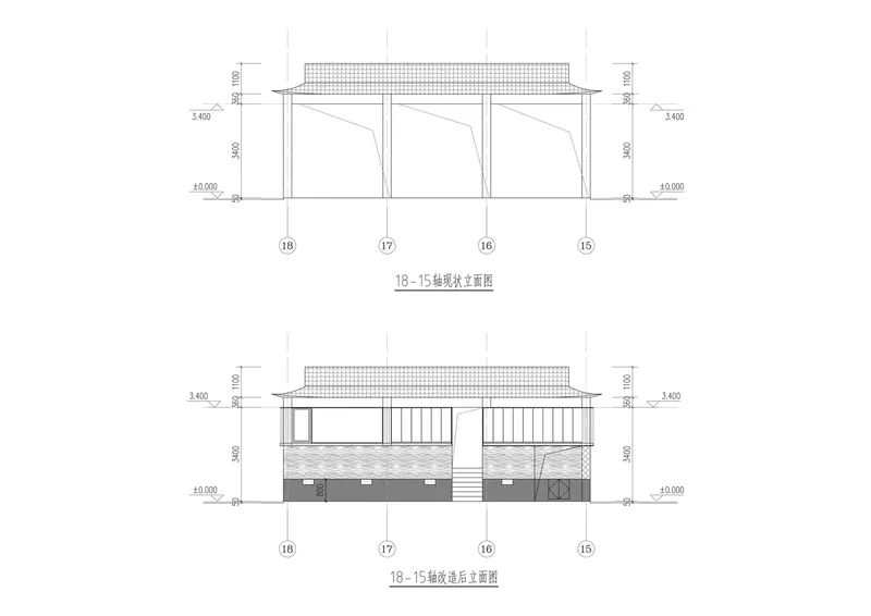 Section and elevation drawings depicting the tile roof profile and fenestration pattern with base podium