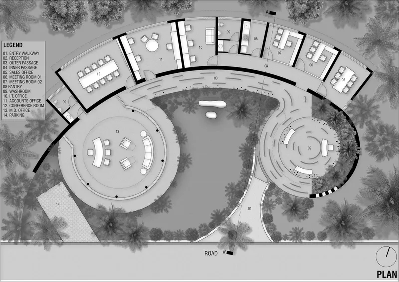 Site plan drawing showing two curved volumes surrounding a central water feature with surrounding trees