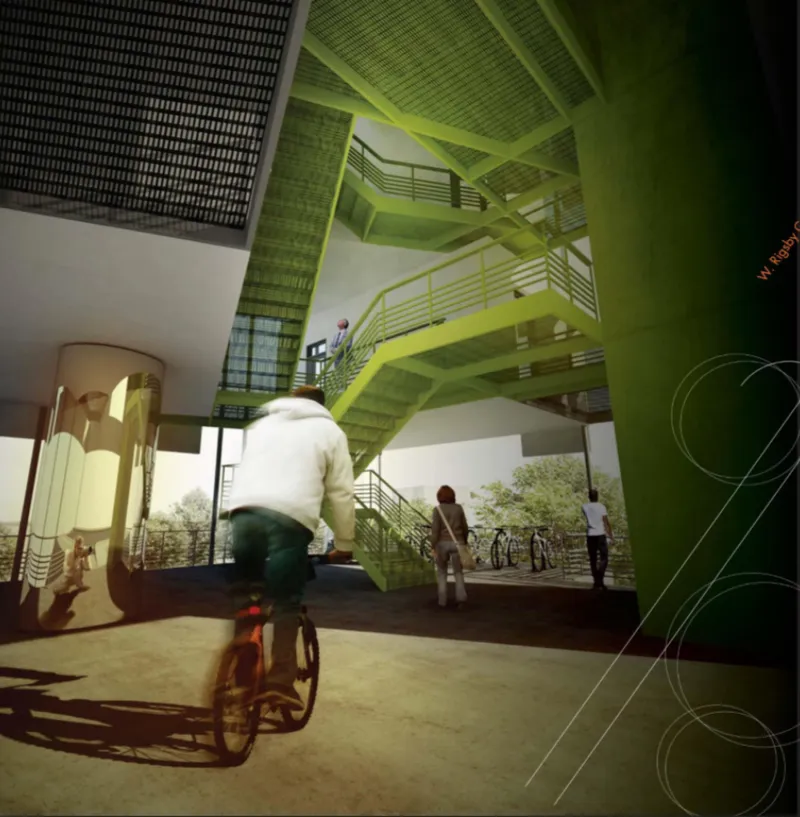 Ground-level courtyard with green-highlighted zigzag staircase and cyclists passing through in afternoon light