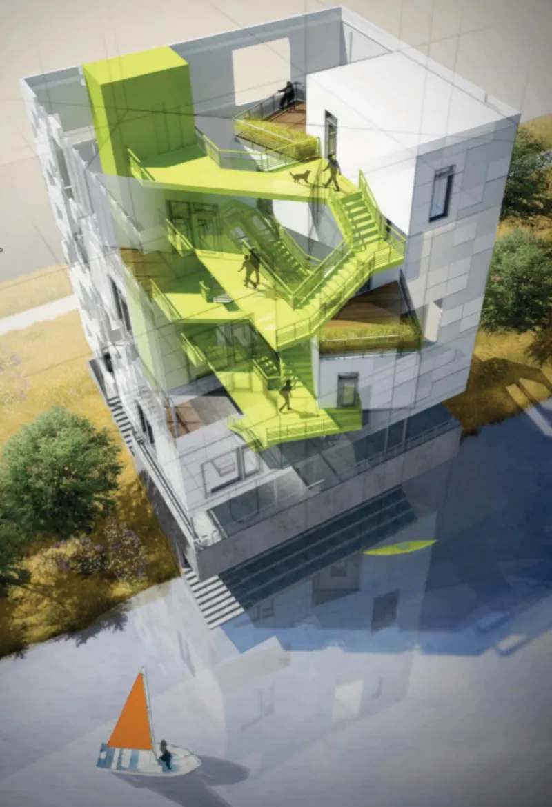Axonometric rendering showing the zigzag green stair linking grey-clad housing units beside a canal