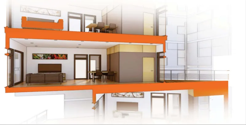 Section drawing through two residential levels showing open living areas and an orange mezzanine slab