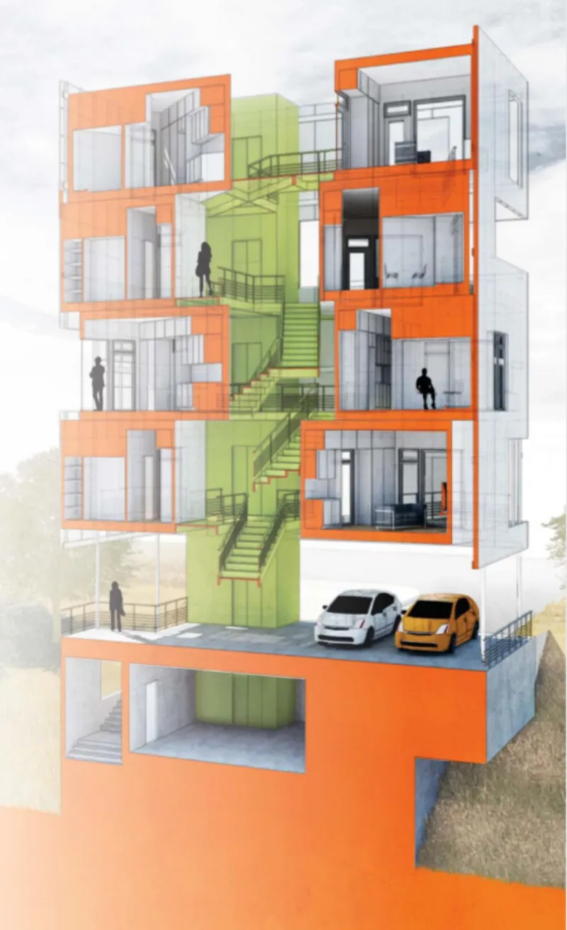 Sectional perspective illustrating stacked units with orange frames and a central green stair core