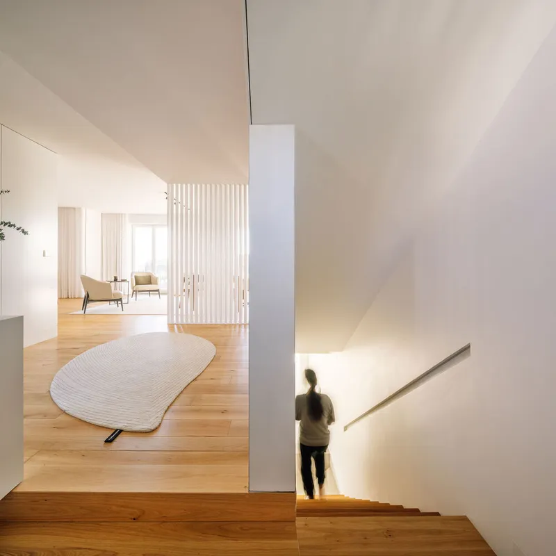 Child descending timber staircase with integrated handrail lighting and slat partition separating the foyer