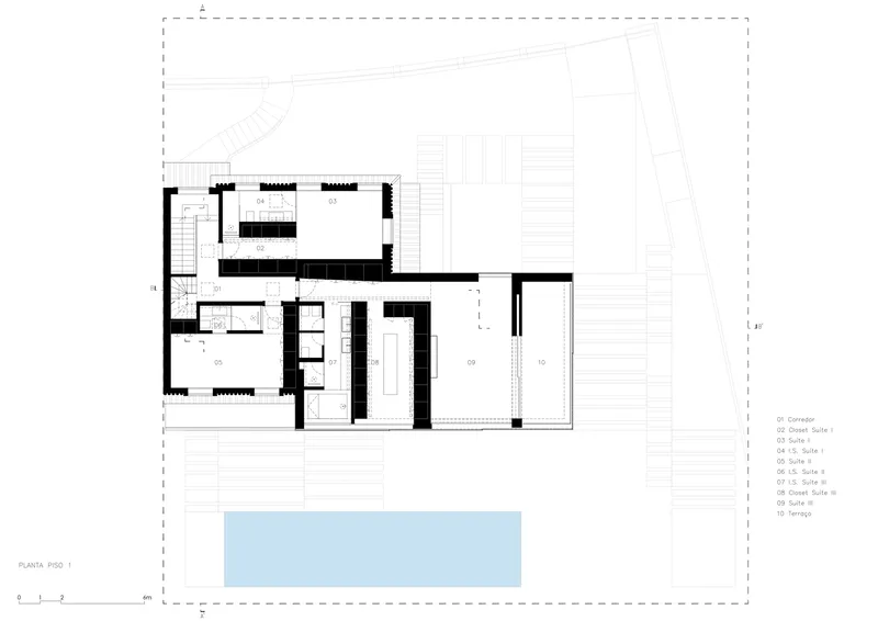 Ground floor plan showing kitchen living spaces and outdoor pool adjacent to building footprint